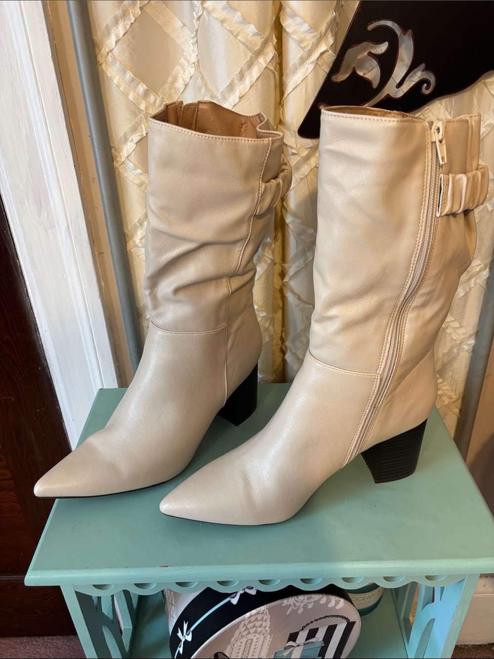 Cream stacked heel boot 9 1/2